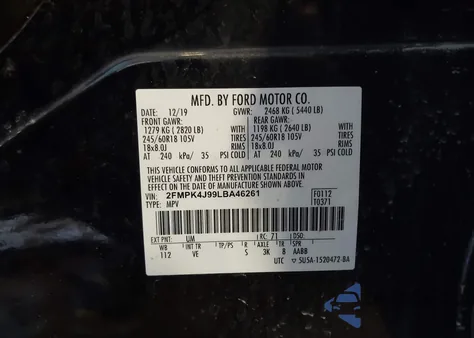 2020 Ford Edge Sel z USA, uszkodzony, nr VIN 2FMPK4J99LBA46261